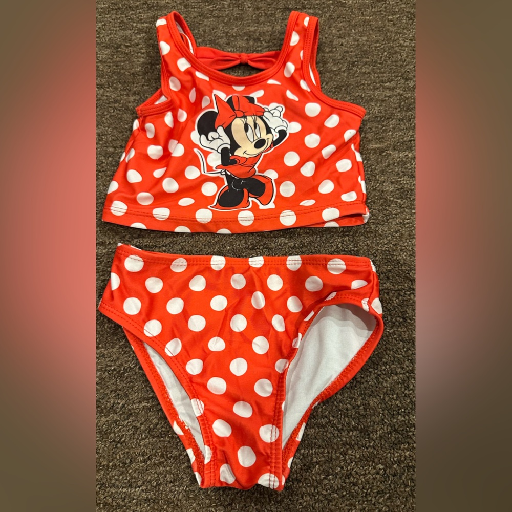 EUC Baby girls 3T Red Polka Dot Minnie Mouse Swimsuit 2 pc bikini bathing suit
